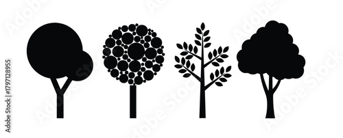 Four distinct black silhouette trees with varied leaf shapes and canopy structures on a white background