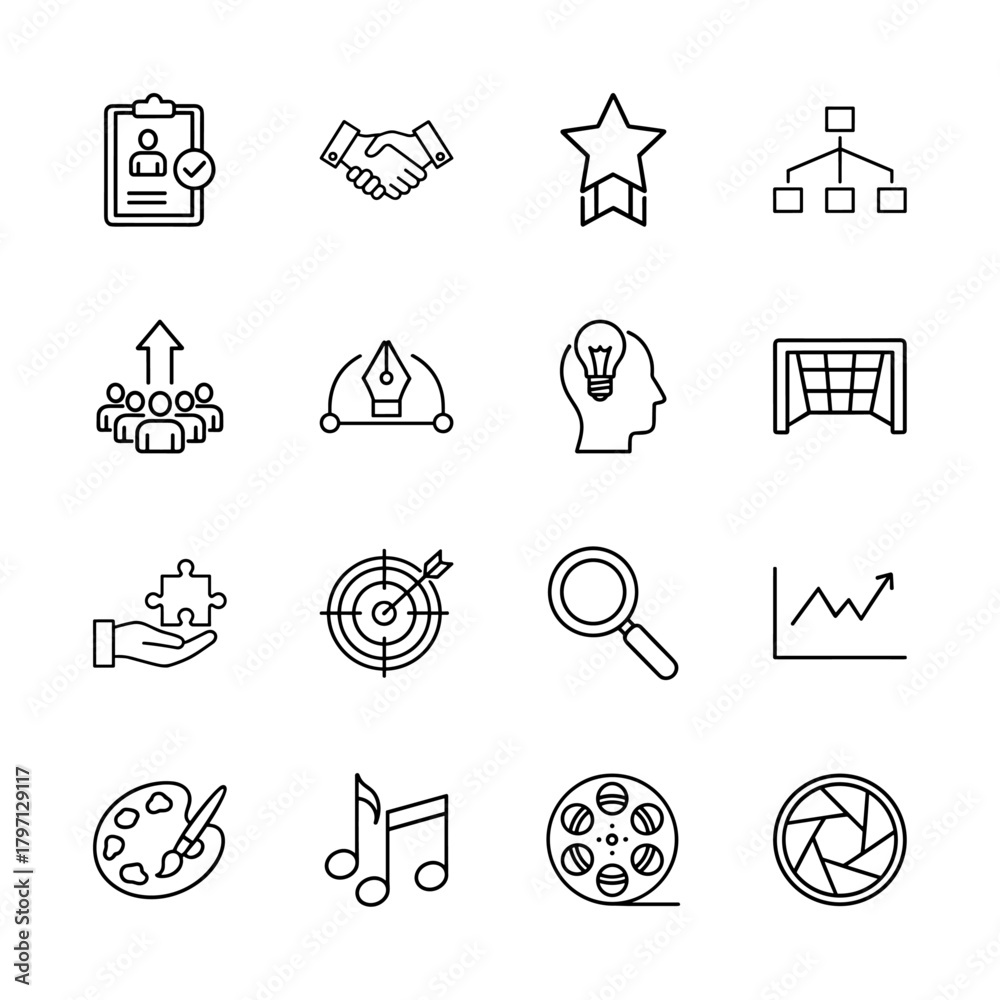 Fototapeta premium Business, creative, and general concept line icon set. Vector pictograms of handshake, star, chart, lightbulb, target, graph, palette, and film reel, thin linear illustration.