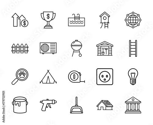 General line icon set. Vector pictograms of dollar growth, trophy, pool, birdhouse, fence, grill, shed, paw, tent, and light bulb, thin linear illustration.