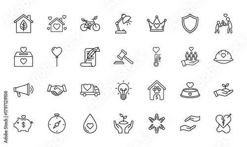Care and social values line icon set. Vector pictograms of home, environment, transport, justice, charity, health, finance, and community, thin linear design.