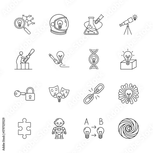 Creativity and innovation line icon set. Vector pictograms of magnifying glass, astronaut helmet, test tube, DNA, puzzle, robot, and lightbulbs, thin linear illustration.