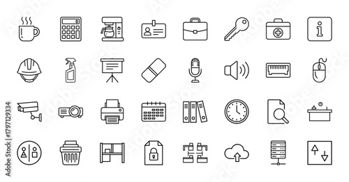 Business and office technology line icon set. Vector pictograms of calculator, ID card, briefcase, first aid kit, calendar, security camera, cloud upload, thin linear illustration.