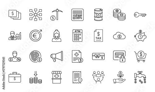 Economy and finance line icon set. Vector pictograms of dollar bills, network, mining, barcode, oil, coins, ATM, tax, piggy bank, fingerprint, gift card, shopping cart, thin linear illustration.