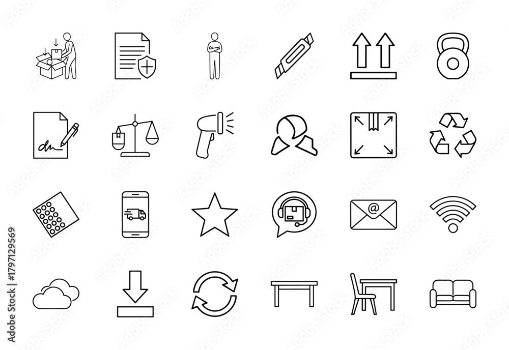 Fototapeta premium Logistics, e-commerce, and business icon set. Vector pictograms of packaging, documents, scales, delivery, support, and connectivity, thin linear illustration.