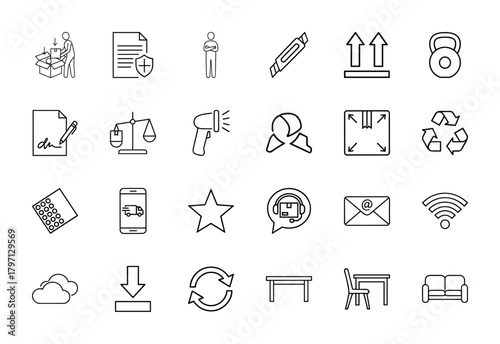 Logistics, e-commerce, and business icon set. Vector pictograms of packaging, documents, scales, delivery, support, and connectivity, thin linear illustration.