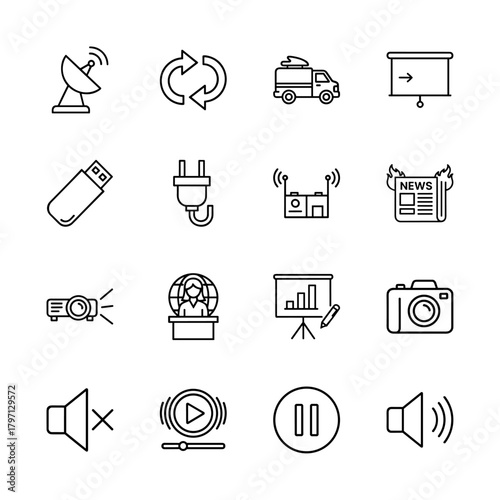 Modern communication, media, and technology line icon set. Vector pictograms of satellite dish, USB drive, newspaper, projector, camera, and player controls, thin linear illustration.