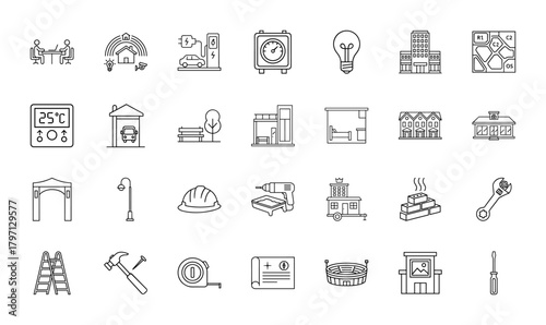 Smart city and construction line icon set. Vector pictograms of smart home, car charger, office, hard hat, blueprint, and wrench, thin linear illustration.