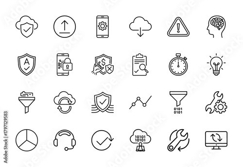 Data security and technology line icon set. Vector pictograms of cloud protection, mobile privacy, data analysis, processing, and maintenance, thin linear illustration.