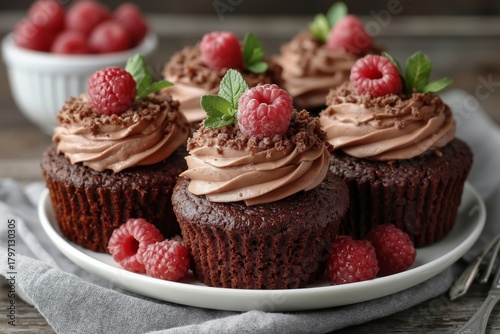 A plate of chocolate cupcakes with chocolate frosting and raspberries on top