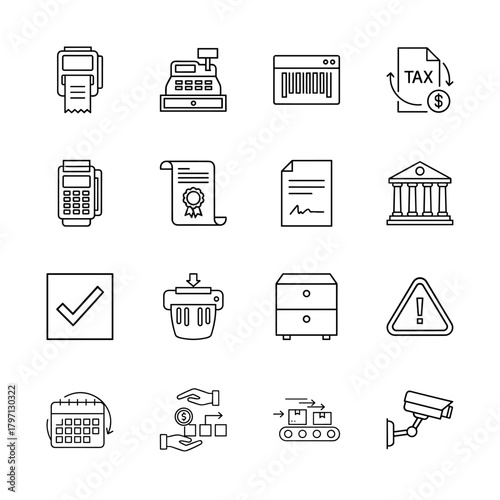 Business and finance line icon set. Vector pictograms of cash register, tax document, payment terminal, certificate, bank, shredder, calendar, and security camera, thin linear illustration.