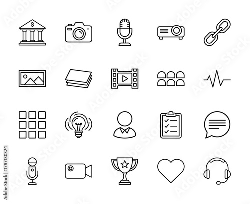 General purpose line icon set. Vector pictograms of bank, camera, microphone, projector, chain, film, idea, user, chat, and headphones, thin linear illustration.