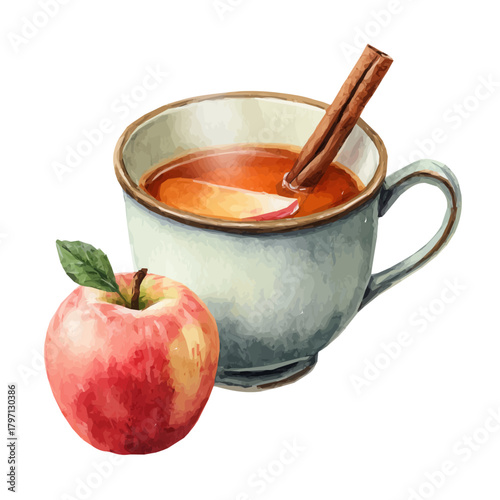 My Watercolor illustration, apple cider cup with cinnamon painting isolated on a white background, illustration, simple painting design, vector set, eps format, watercolor style set