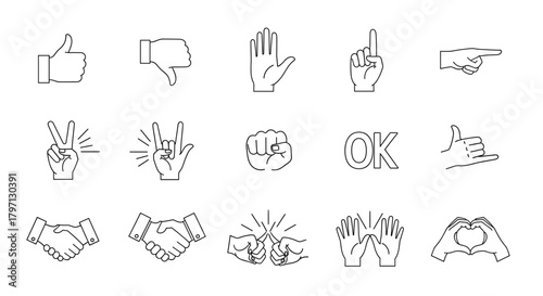Illustration of various hand gestures, including thumbs up, thumbs down, peace sign, rock on, fist bump, ok sign, handshake, and heart hands