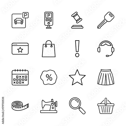 Business and shopping line icon set. Vector pictograms of car, key, bag, headphones, calendar, discount, sewing machine, and basket, thin linear illustration.
