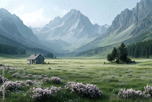 A small house in the middle of a grassy field with mountains in the background