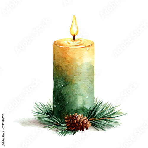 My Watercolor illustration, Christmas candle with pine painting isolated on a white background, illustration, simple painting design, vector set, watercolor style set, eps format design