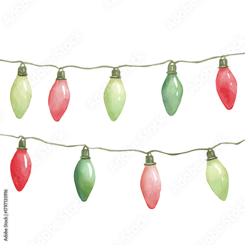 My Watercolor Christmas lights string n red painting isolated on a white background, illustration, simple painting design, vector set, eps format design, watercolor style set