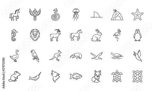 Animal and mythological creatures line icon set. Vector pictograms of unicorn, lion, horse, rabbit, fish, turtle, phoenix, seahorse, and fox, thin linear illustration.