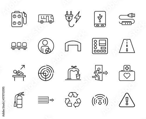 Utility and infrastructure line icon set. Vector pictograms of gas pump, bus, power plug, external drive, road, fire extinguisher, and recycle symbol, thin linear illustration.
