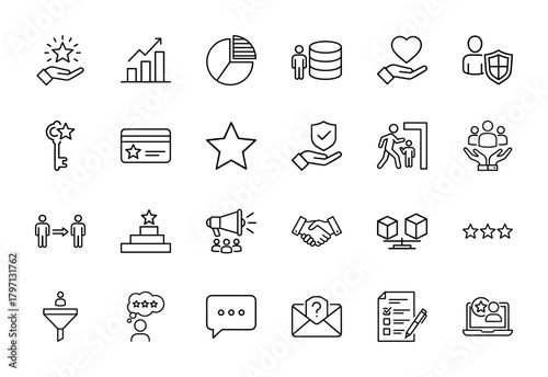 Business and marketing line icon set. Vector pictograms of success, growth, data, security, customer care, communication, achievement, and rating, thin linear illustration.