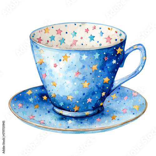 My eps format hand-painted Watercolor illustration, vector illustration set, festive teacup with stars painting illustration isolated on a white background, illustration, AI painting design