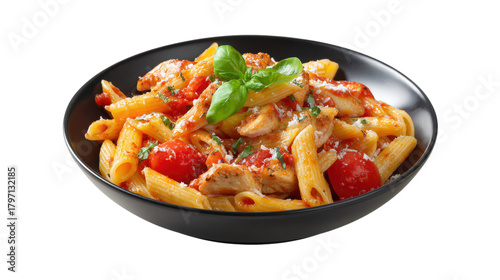 Penne pasta with chicken and tomatoes isolated on a transparent background