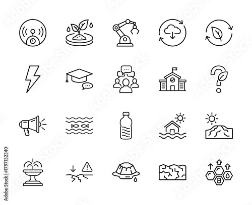Global issues and sustainability line icon set. Vector pictograms of smart agriculture, robotics, education, and climate change, thin linear illustration.