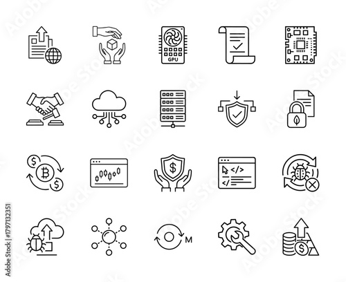 Technology, data, and finance line icon set. Vector pictograms of global data, cloud computing, stock charts, and network systems, thin linear illustration.