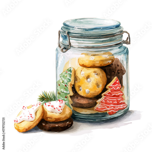 My eps format hand-painted Watercolor illustration, vector illustration set, jar of Christmas cookies illustration isolated on a white background, illustration, AI painting design