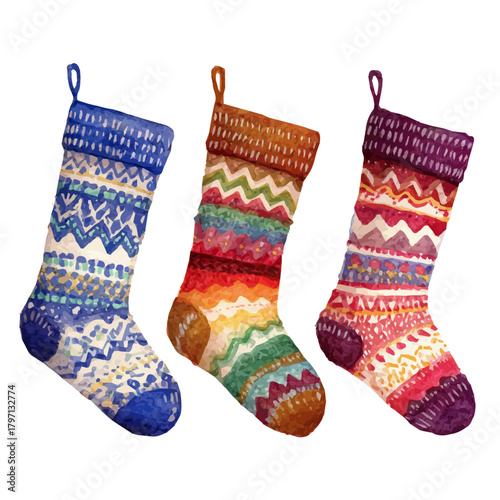 My eps format hand-painted Watercolor illustration, vector illustration set, knitted Christmas stocking painting illustration isolated on a white background, illustration, AI painting design