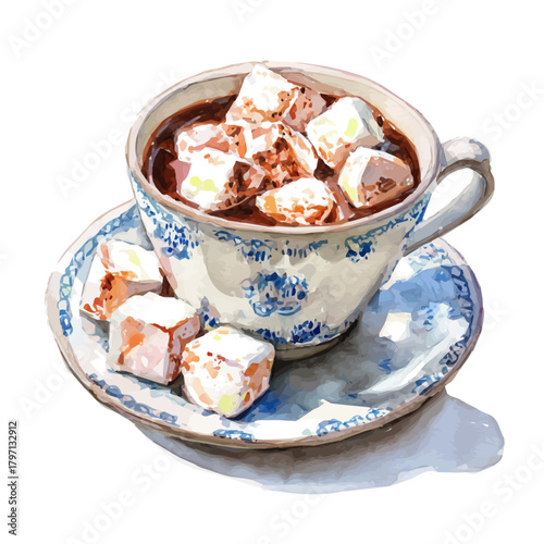 My beautiful hand-drawn Watercolor illustration, set of marshmallows in hot chocolate, isolated on a white background, illustration, AI painting design, vector, eps format