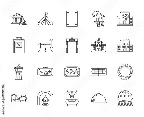 General concepts line icon set. Vector pictograms of court, circus tent, tree house, boom barrier, metal detector, school, roller coaster, and drone delivery, thin linear illustration.