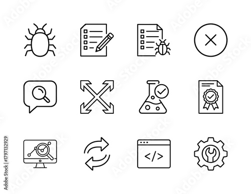 Software development line icon set. Vector pictograms of bug, document, error, search, expand, test, certificate, analysis, refresh, code, and settings, thin linear illustration.
