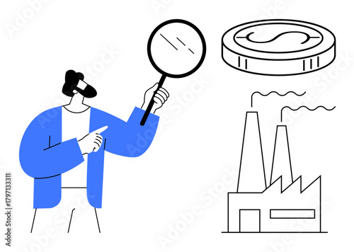 Person with magnifying glass examining coin above factory, depicting financial analysis, economy, business, industrial growth, environmental impact, resource management, decision-making. Simple flat