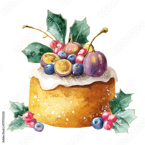 A watercolor plum cake with festive  painting illustration isolated on a white background, pink bloom flower illustration, EPS format design