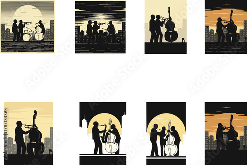 Silhouette jazz band musicians performing on rooftop cityscape at sunset, playing saxophone and double bass, vintage retro music vector illustration, creative night performance concept