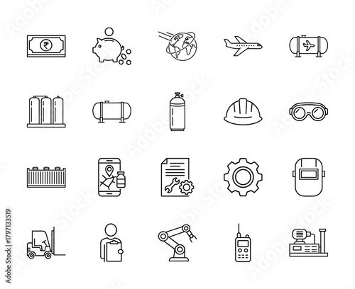 Industrial logistics and finance line icon set. Vector pictograms of money, airplane, fuel tanks, hard hat, forklift, and robotic arm, thin linear illustration.