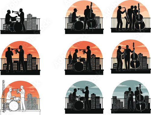 Silhouette jazz musicians playing trumpet, drums, saxophone, and double bass on rooftop balcony at sunset, city skyline background, vector illustration, evening concert atmosphere