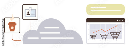 Cloud at center linked to a coffee cup, ID badge, and an e-commerce dashboard with shopping carts and graph trends. Ideal for remote work, business, analytics, technology, e-commerce, networking