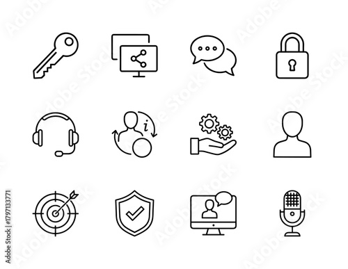 Business and communication line icon set. Vector pictograms of key, user info, gears, profile, target, shield, online support, and microphone, thin linear illustration.
