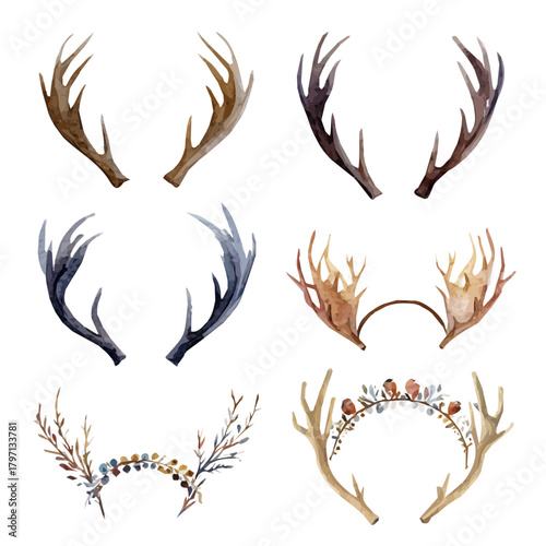 A watercolor reindeer antlers headband set painting illustration isolated on a white background, reindeer antlers headband collection illustration, EPS format design