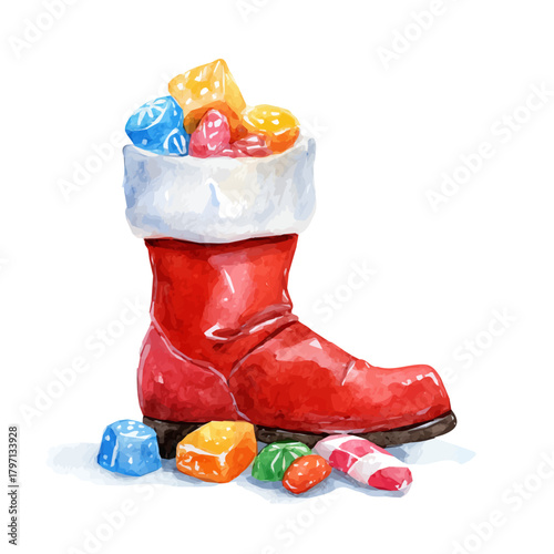A watercolor Santa boot with candy painting illustration isolated on a white background, Santa boot with candy illustration, EPS format design
