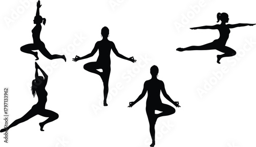 Silhouette women performing yoga and dance poses, balance and meditation practice illustration, fitness, flexibility and mindfulness lifestyle concept design