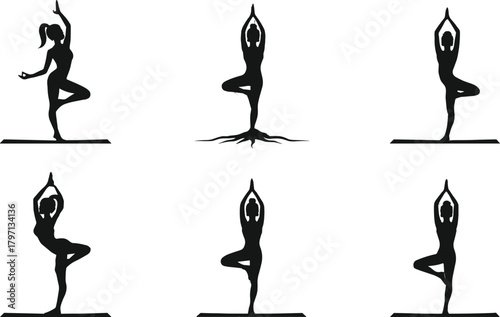 Silhouette women performing tree yoga pose on mat, balance and mindfulness exercise, meditation and healthy lifestyle fitness illustration design