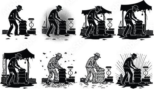 Silhouette man weighing sack on scale, black and white vector illustration, rural market labor, traditional commerce, artistic variations, stock content design