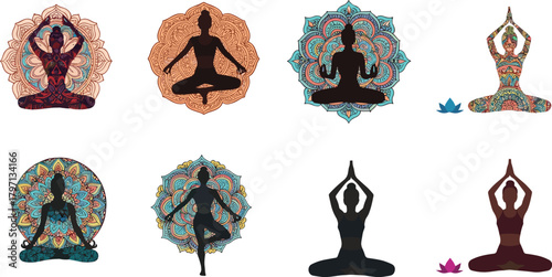 Colorful yoga women silhouettes with mandala art backgrounds, meditation poses illustration symbolizing mindfulness, inner peace, spirituality and relaxation concept design