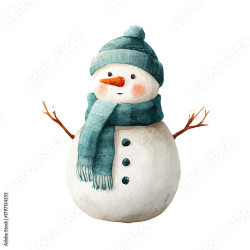 A beautiful watercolor snowman decoration with scarf painting isolated on a white background, AI painting style, vector set available in EPS format. Hand-painted watercolor design, vectorized	