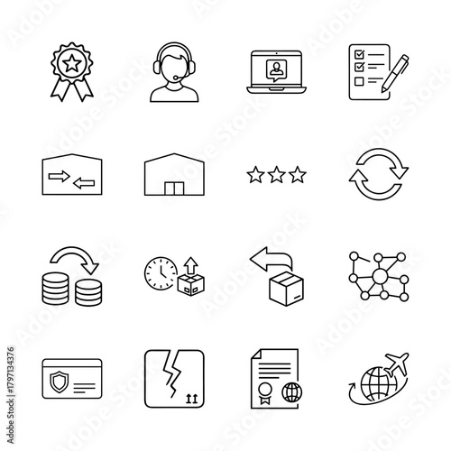Business and logistics line icon set. Vector pictograms of headset, laptop, checklist, warehouse, coins, package, network, document, global transport, thin linear illustration.