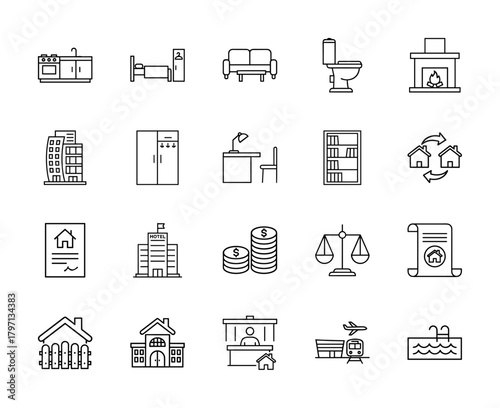 Real estate and home accommodation line icon set. Vector pictograms of kitchen, bed, sofa, toilet, apartment, hotel, contract, money, scales, agent, transport, and pool, thin linear illustration.