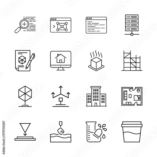 Architecture, engineering, and technology line icon set. Vector pictograms of blueprint, server, building, browser, scaffolding, floor plan, and test tube, thin linear illustration.